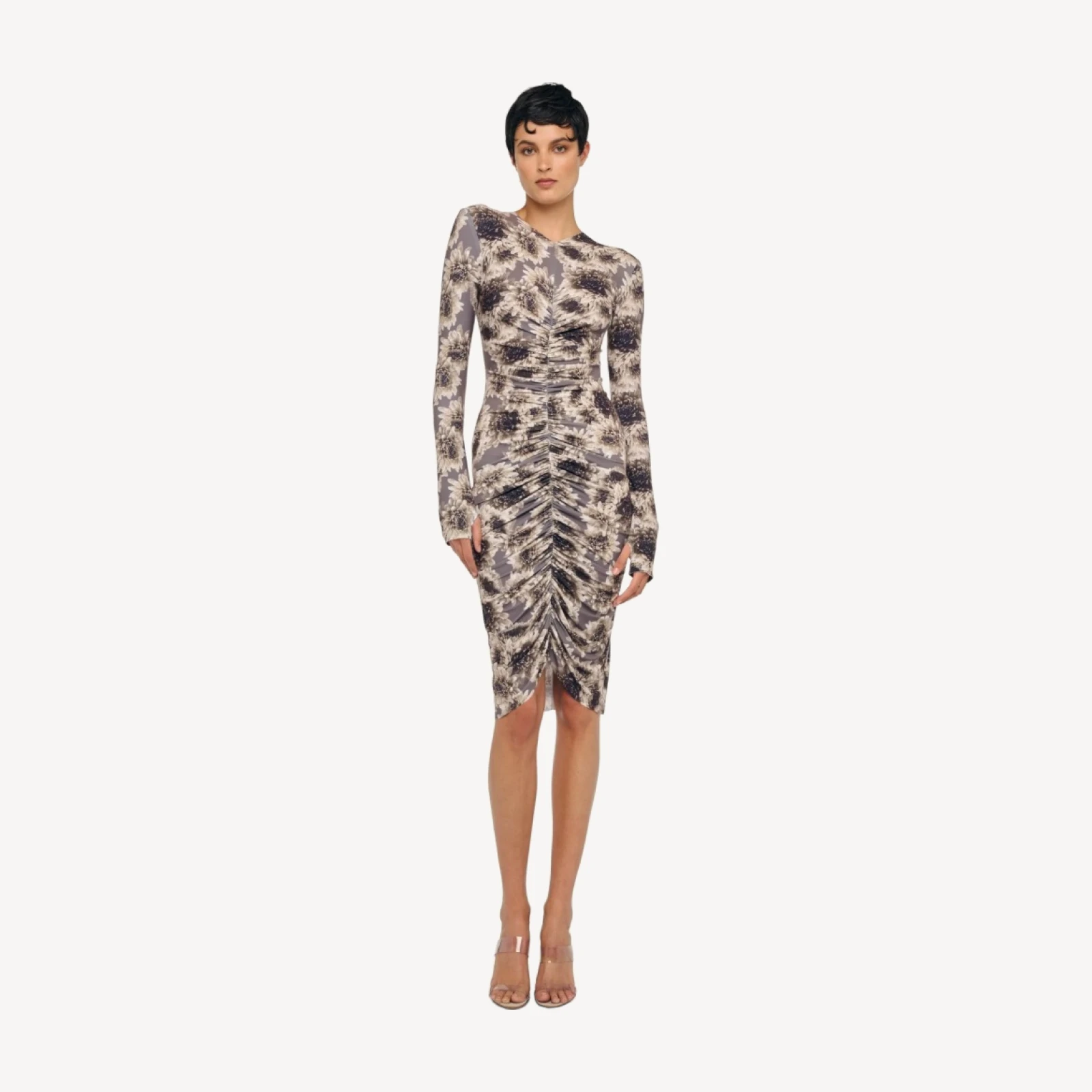 LONG SLEEVE VNECK SHIRRED FRONT DRESS