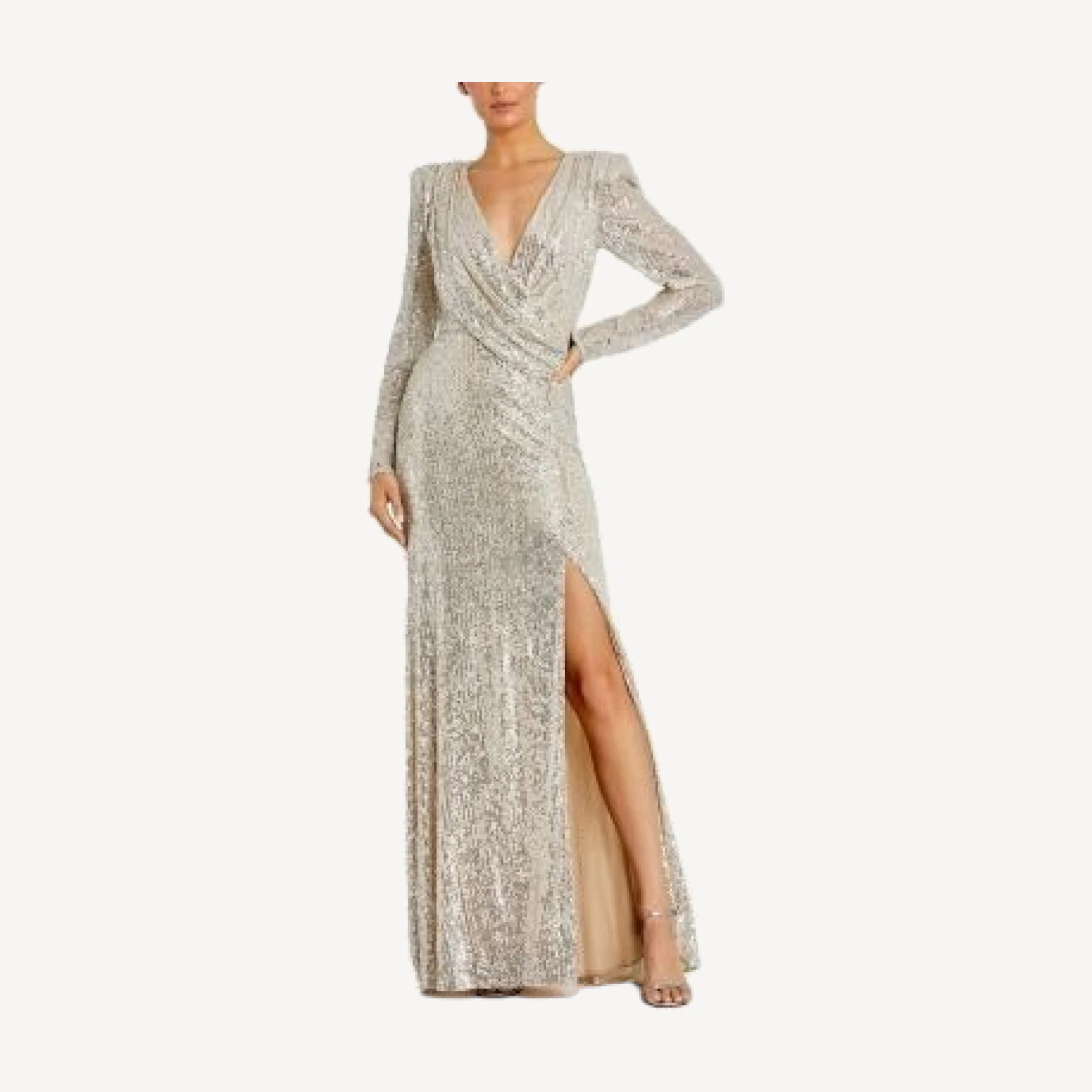 Mac Duggal Sequined Long Sleeve Faux Wrap Ruched Gown