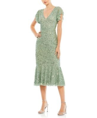 Mac Duggal Sequined V Neck Flutter Cap Sleeve Trumpet Dress