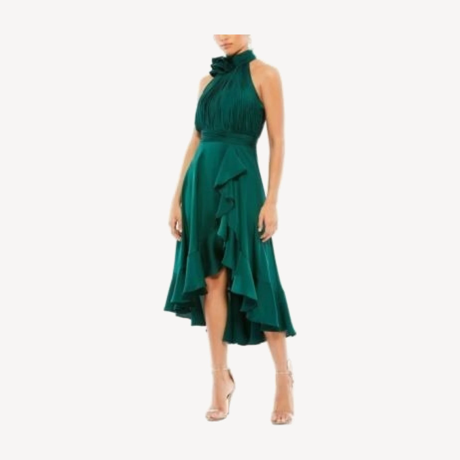 Mac Duggal Halter Neck Flower Detail Ruffled Midi Dress