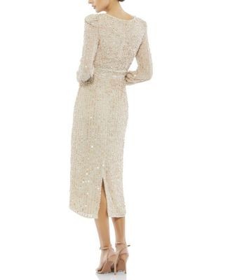 Mac Duggal Sequined V Neck Bishop Sleeve Dress