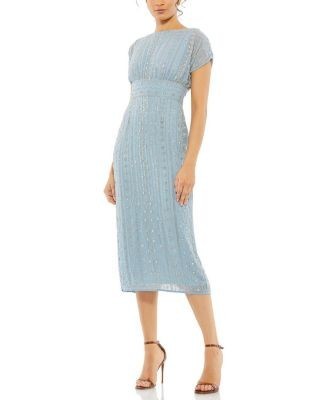 Mac Duggal Beaded Cap Sleeve Column Midi Dress