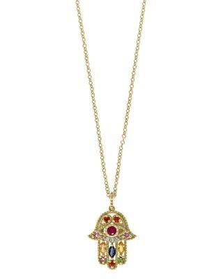 Bloomingdale's Fine Collection Rainbow Gemstone & Diamond Hamsa Pendant Necklace in 14K Yellow Gold, 18