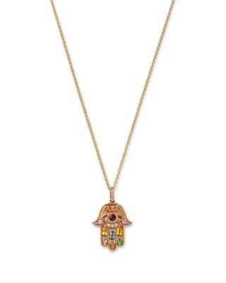 Bloomingdale's Fine Collection Rainbow Gemstone & Diamond Hamsa Pendant Necklace in 14K Yellow Gold, 18