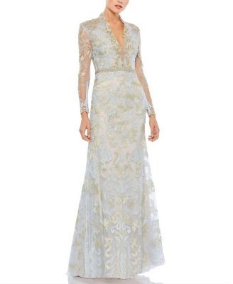 Mac Duggal Long Sleeve Applique V-Neck Gown