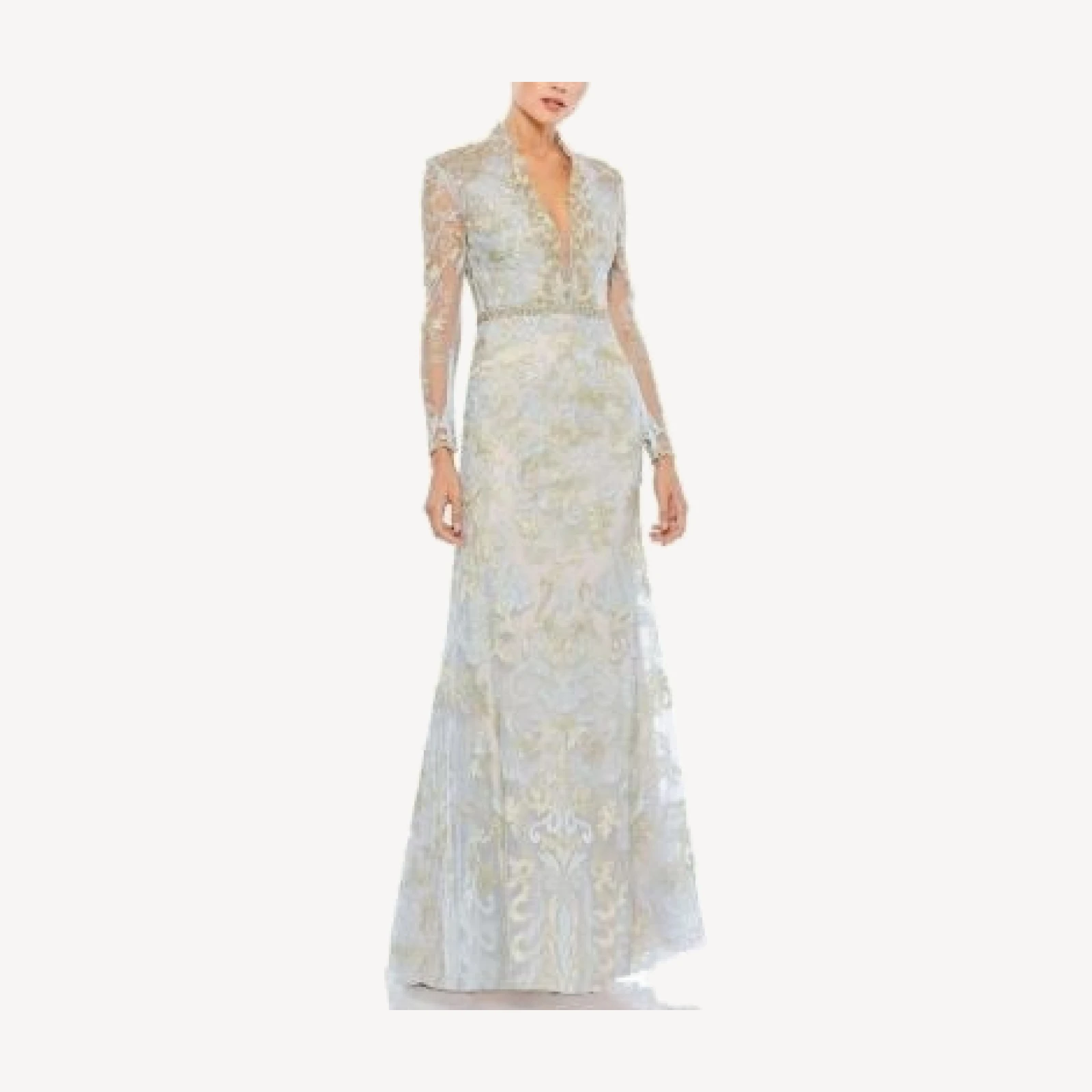 Mac Duggal Long Sleeve Applique V-Neck Gown