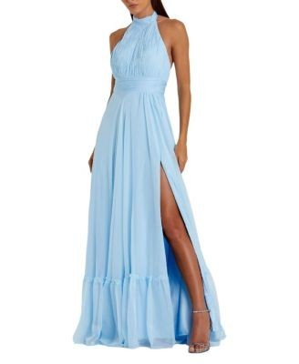 Mac Duggal High Neck Tiered Chiffon Halter Gown