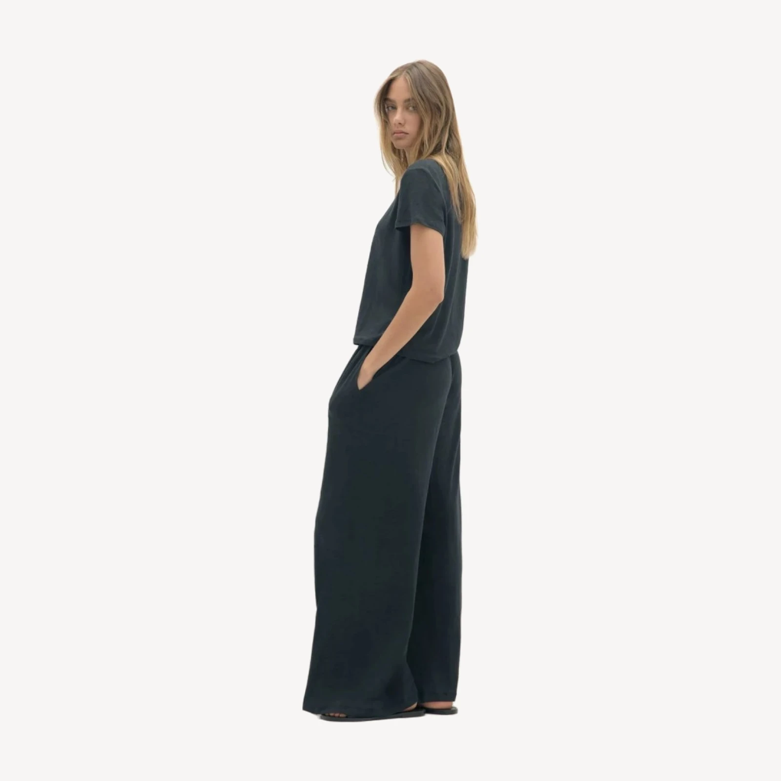 PANTALONI A GAMBA LARGA IN LINO DEVIN - NERO