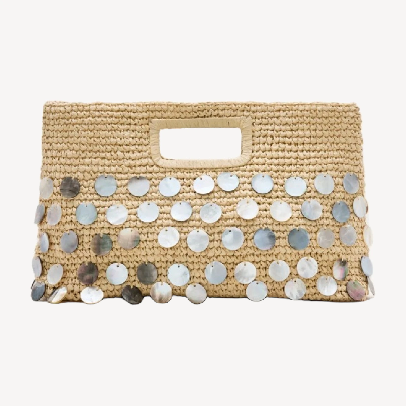 Handknotted straw rectangular clutch with paillettes