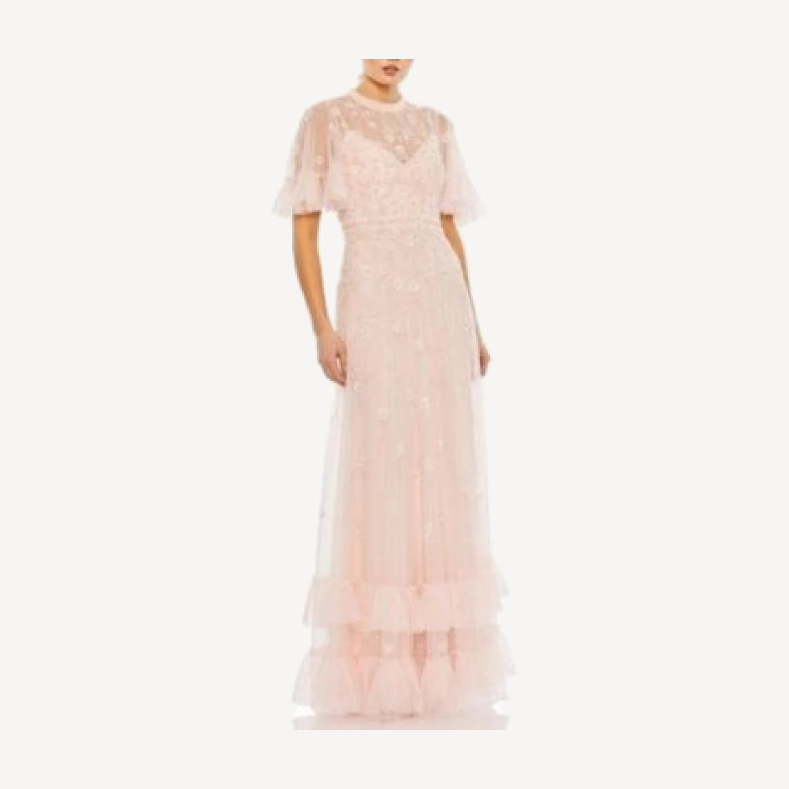 Mac Duggal Ruffled Floral Embellished Flutter Sleeve A-Line Gown