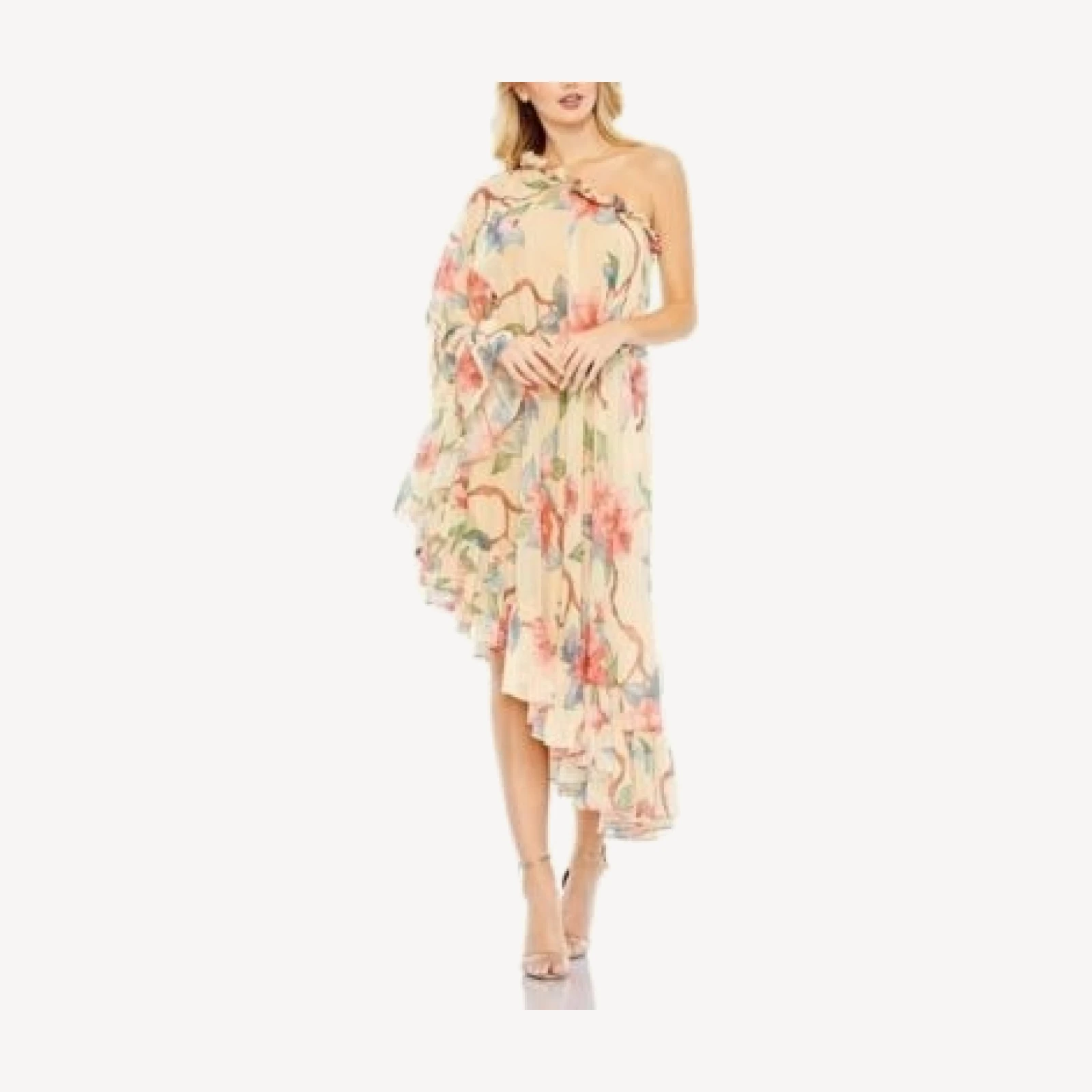 Mac Duggal Floral Print One Shoulder Cape Dress