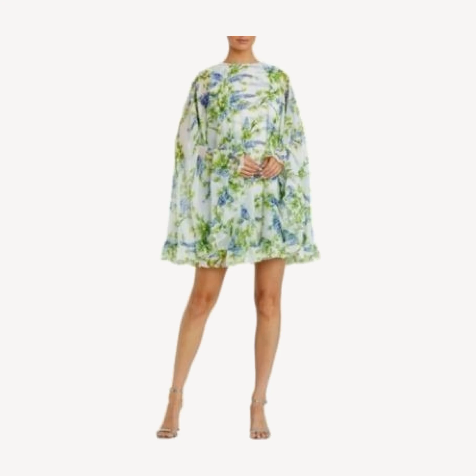 Mac Duggal Floral Print High Neck Ruffle Hem Cape Mini Dress
