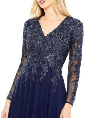 Mac Duggal Embroidered Illusion Long Sleeve V Neck Gown