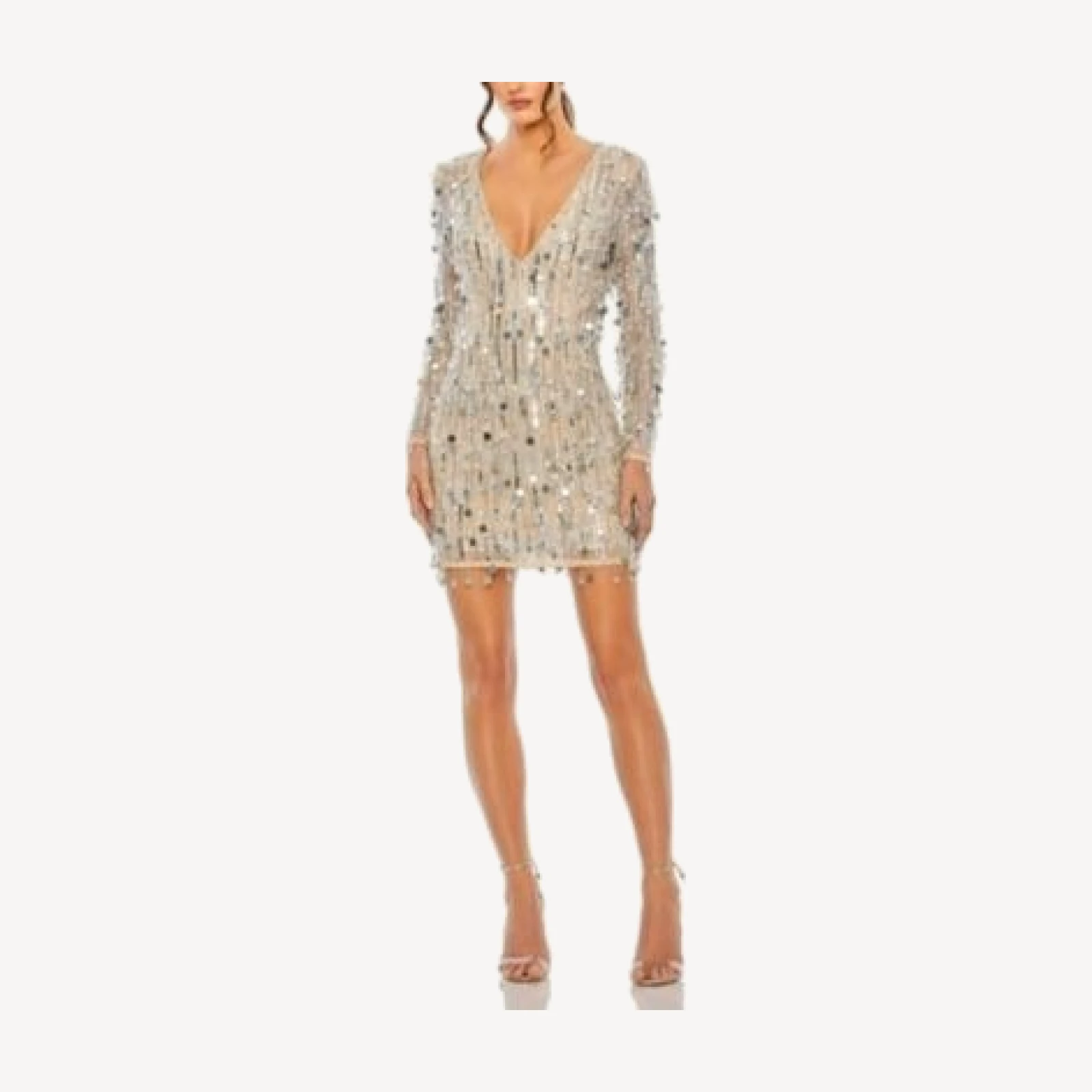 Mac Duggal Long Sleeves Beaded Fringe Paillette Detail Plunge Neck Dress
