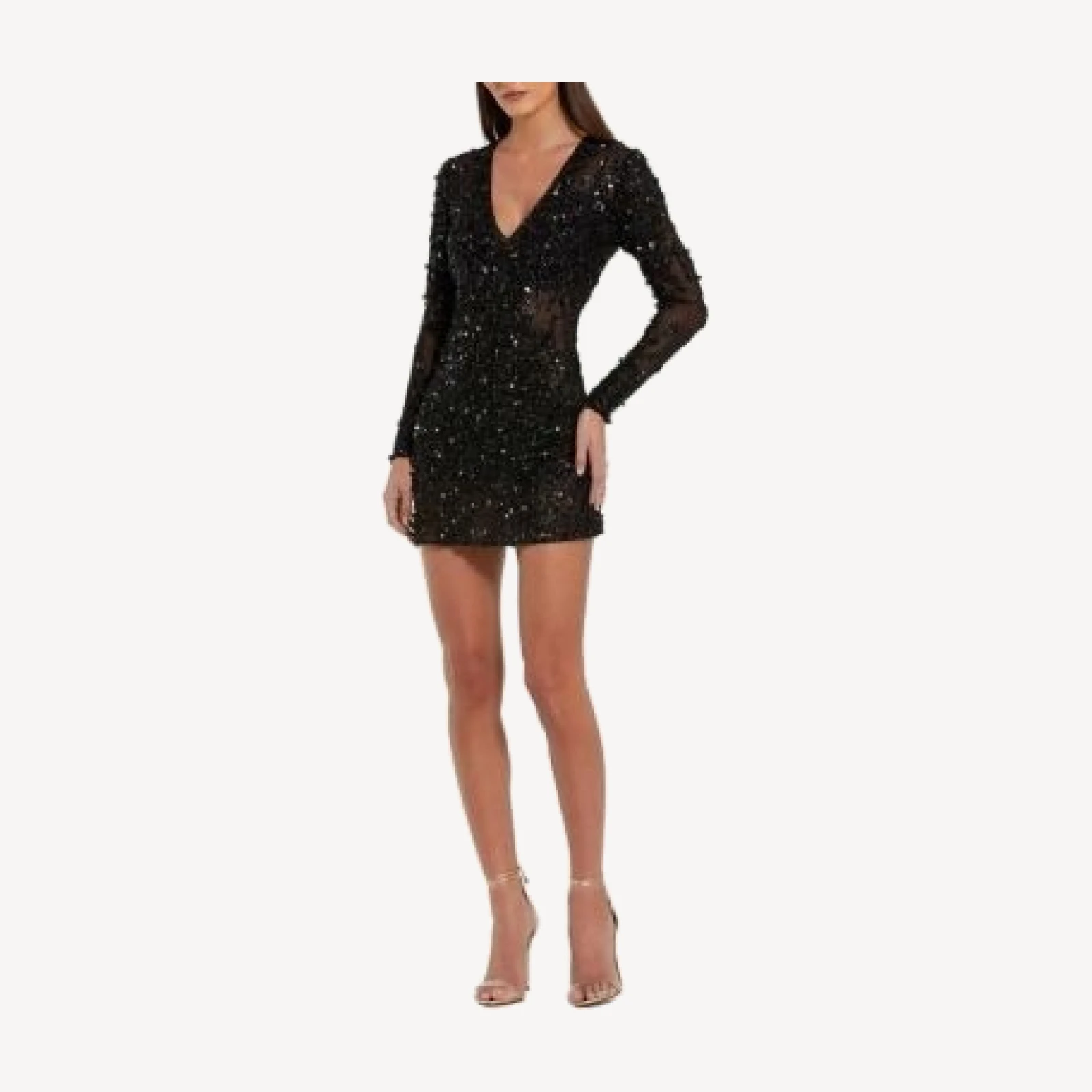 Mac Duggal Long Sleeve Sheer Embellished Mini Dress