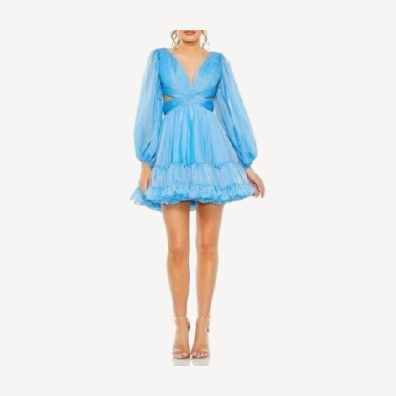 Mac Duggal Flirty Chiffon Mini Dress with Puff Sleeves, Tiered Skirt & Daring Lace-Up Back