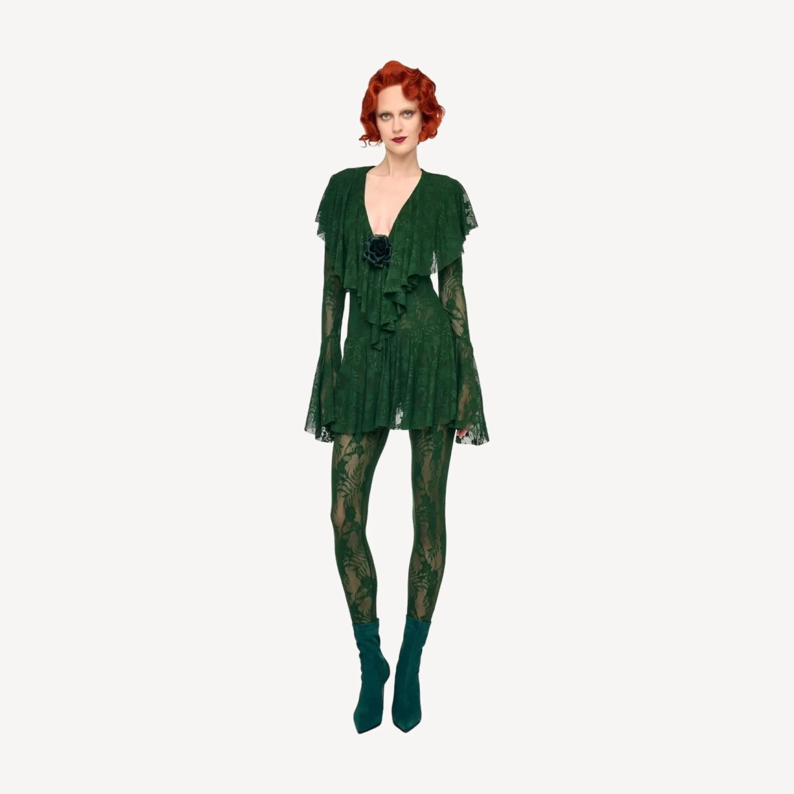 LONG SLEEVE DEEP V RUFFLE MINI DRESS