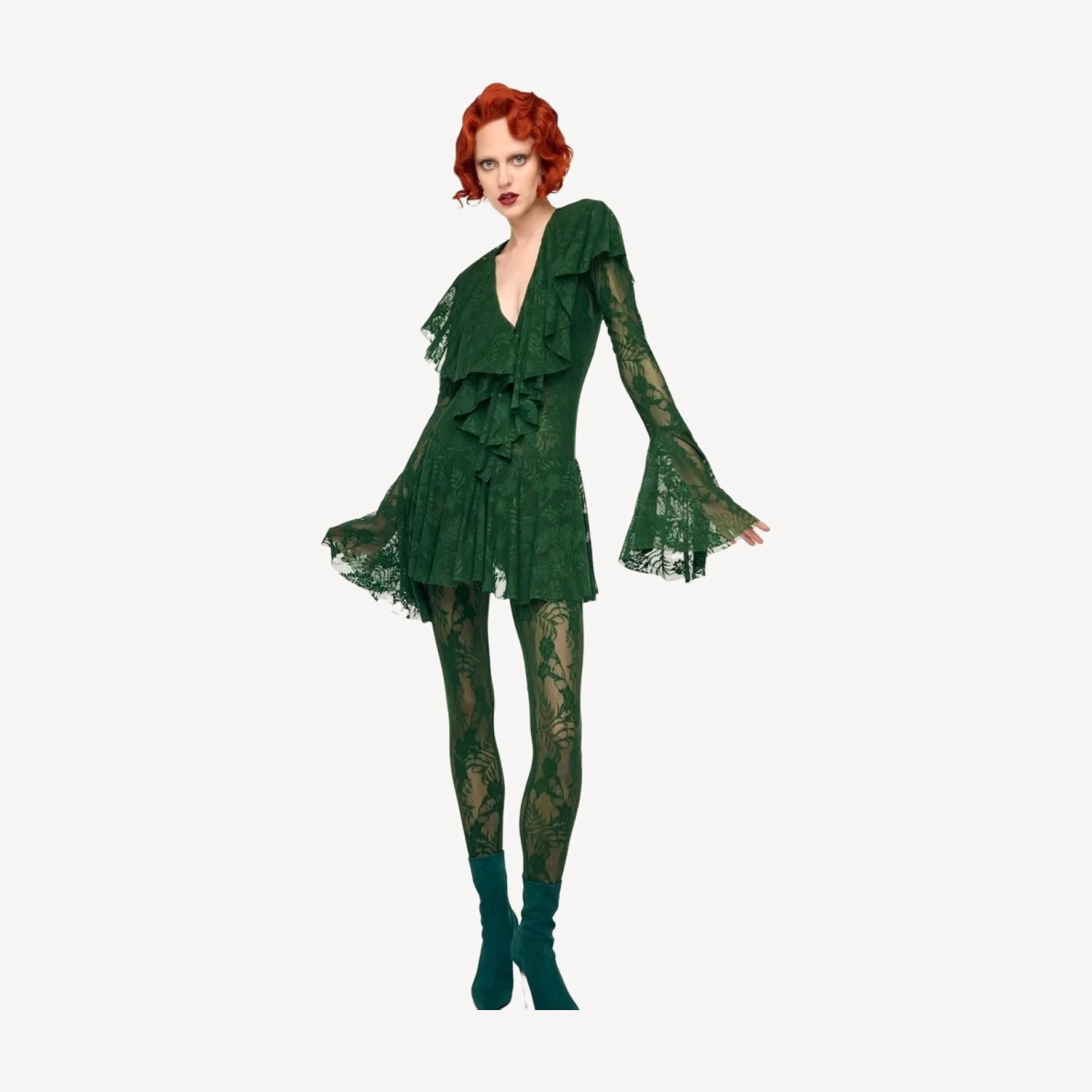 LONG SLEEVE DEEP V RUFFLE MINI DRESS