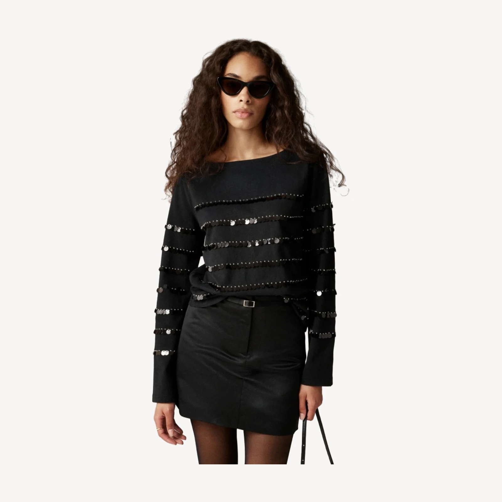 Heavy jersey long-sleeve T-shirt with paillette embellishment