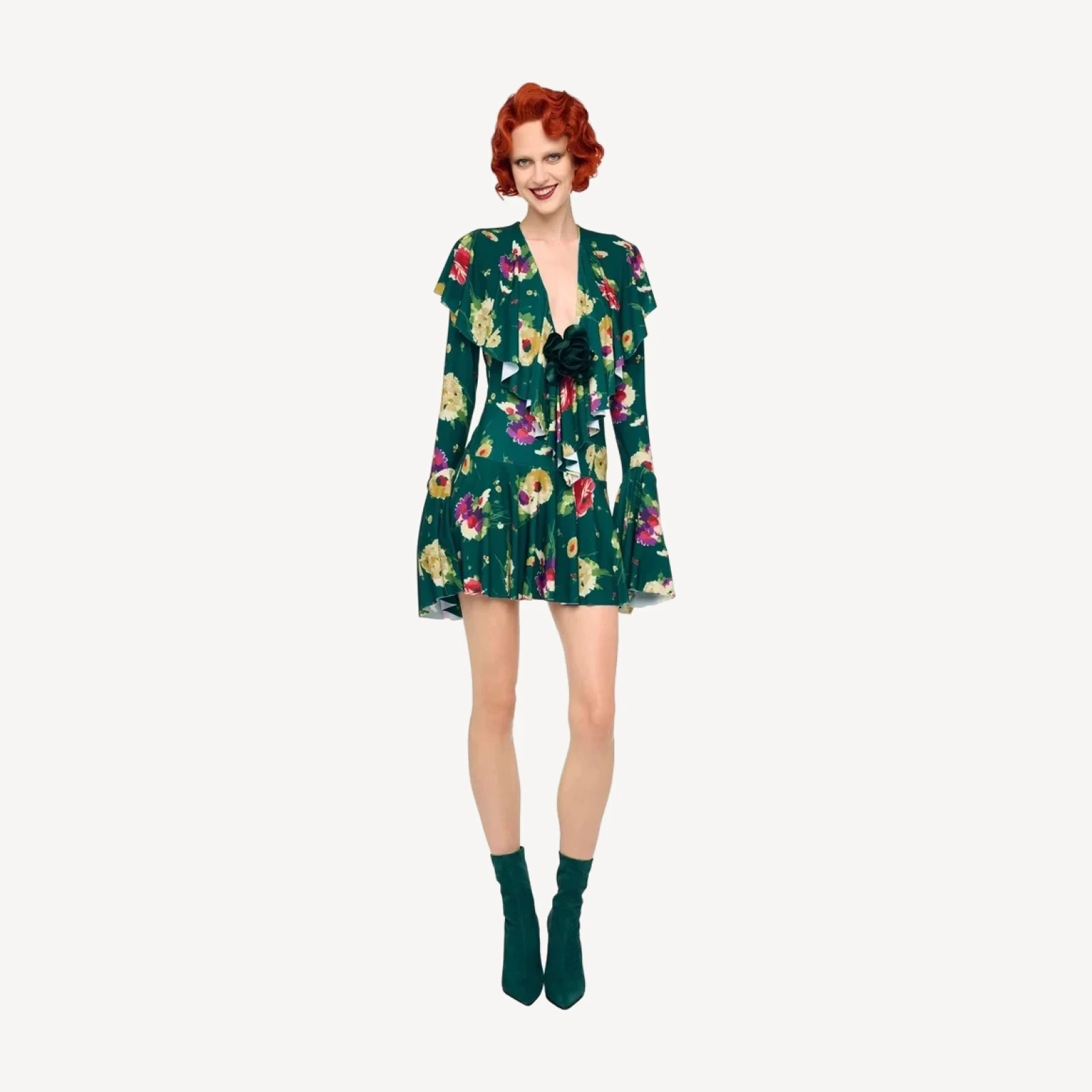 LONG SLEEVE DEEP V RUFFLE MINI DRESS