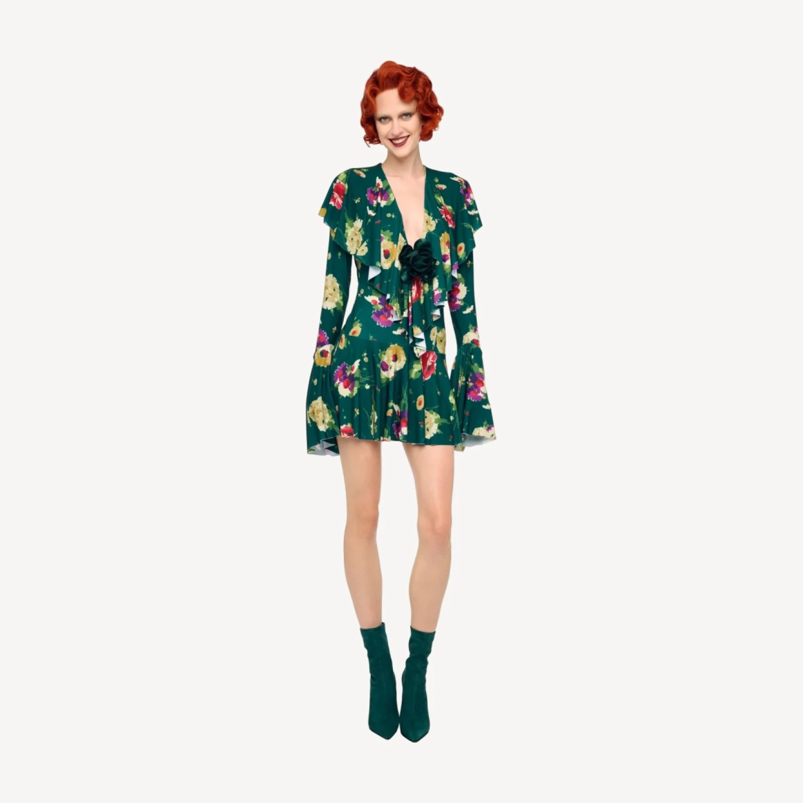 LONG SLEEVE DEEP V RUFFLE MINI DRESS