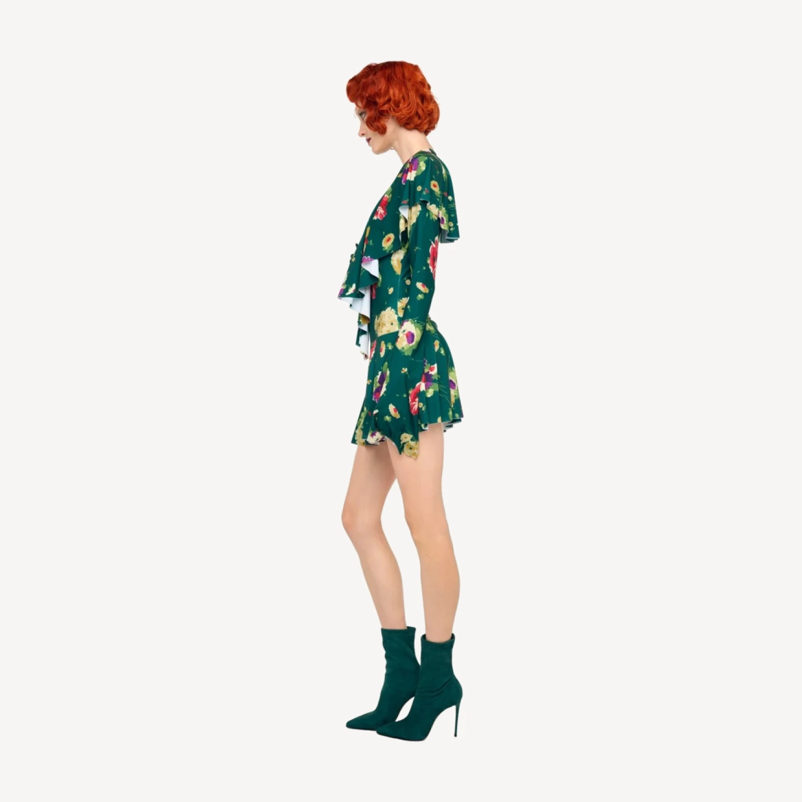 LONG SLEEVE DEEP V RUFFLE MINI DRESS