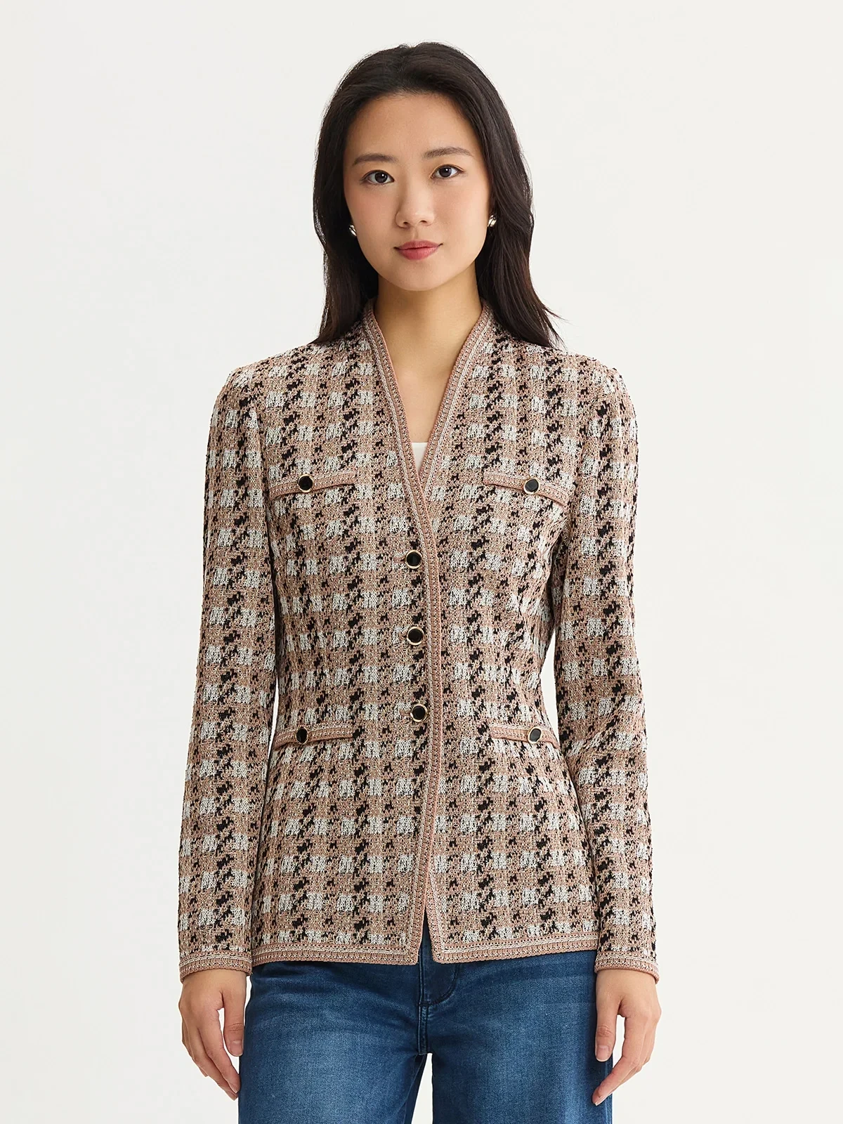 Tailored Houndstooth Tweed Knit Jacket, photo 2