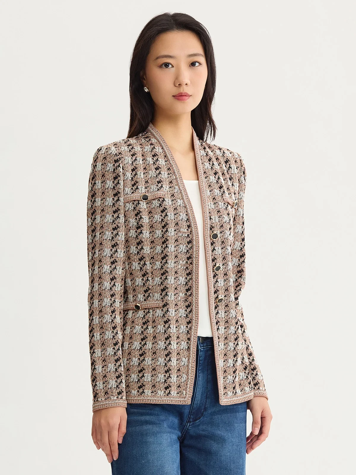 Tailored Houndstooth Tweed Knit Jacket, photo 3