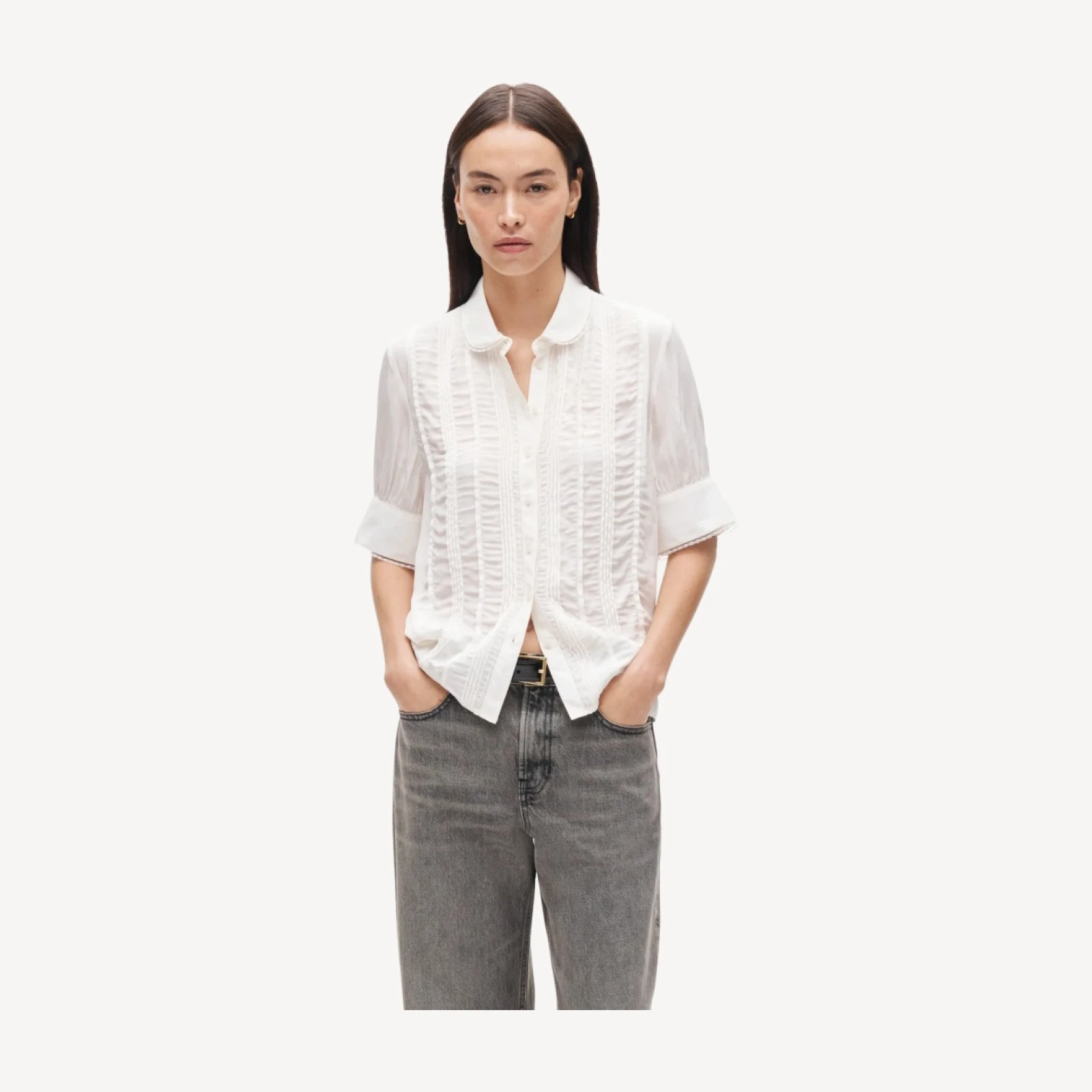 Lace-trim button-up top in crepe de chine