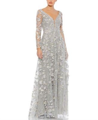 Mac Duggal Floral Applique Long Sleeve Illusion Gown