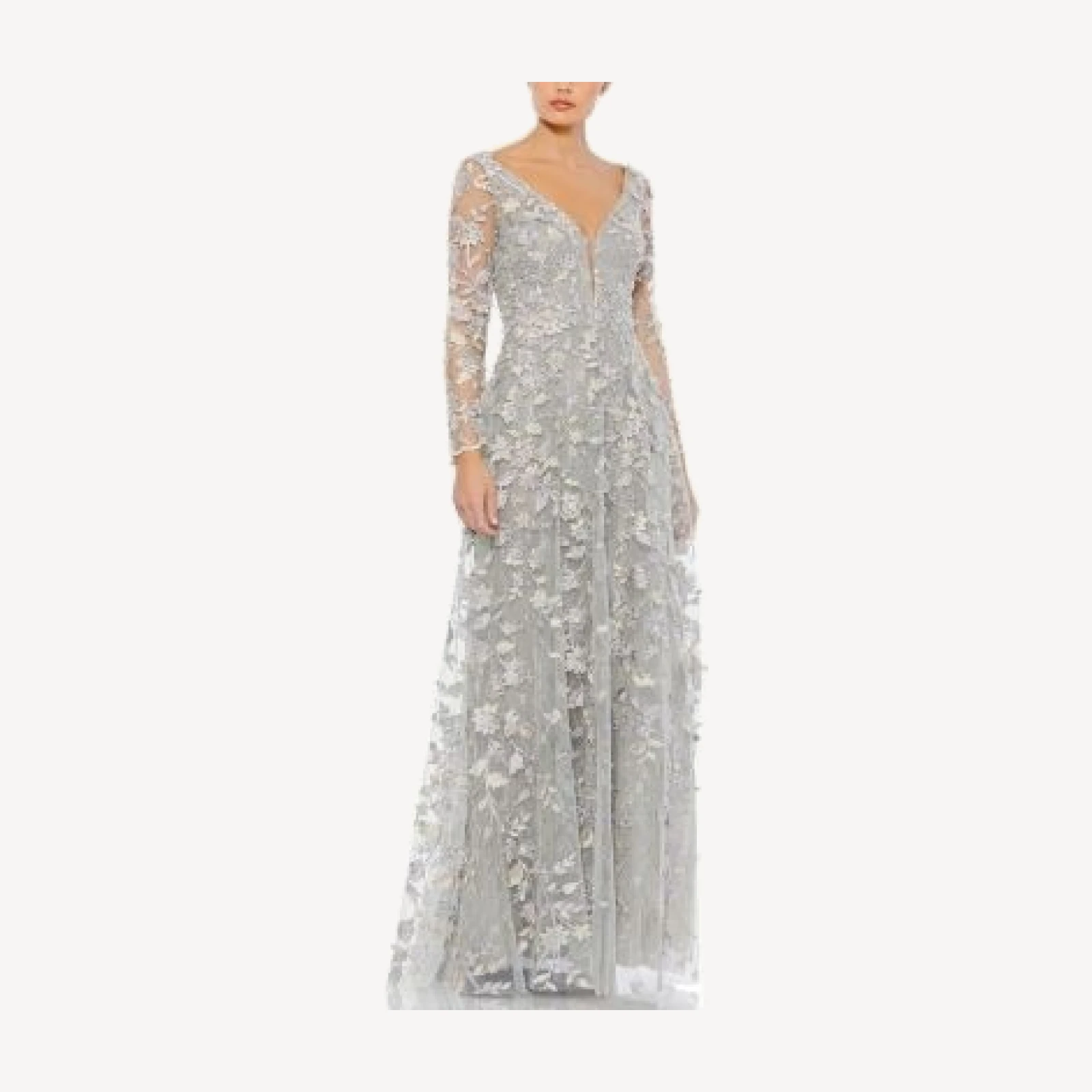 Mac Duggal Floral Applique Long Sleeve Illusion Gown