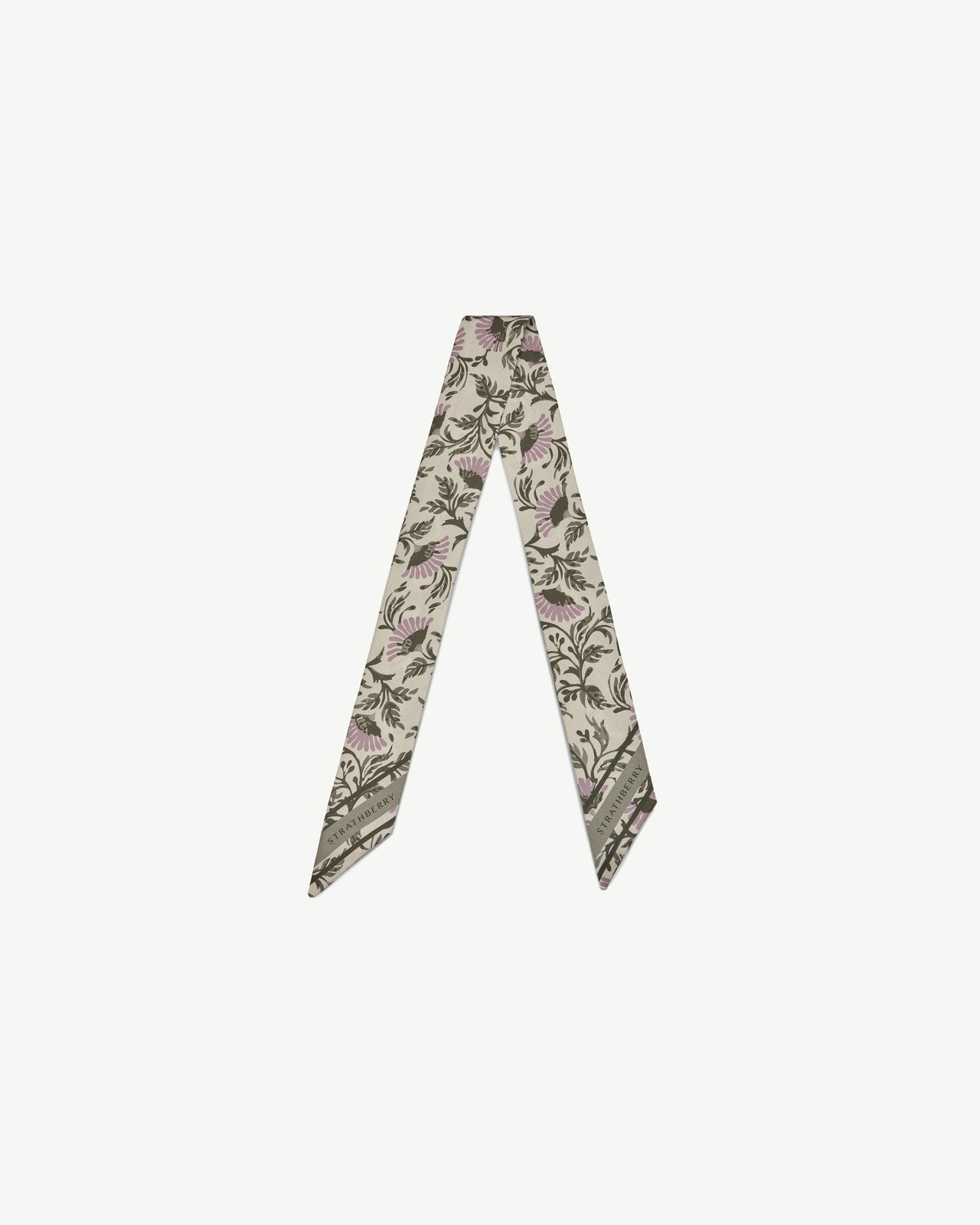Silk Skinny Scarf - Vanilla/Green Thistle Print