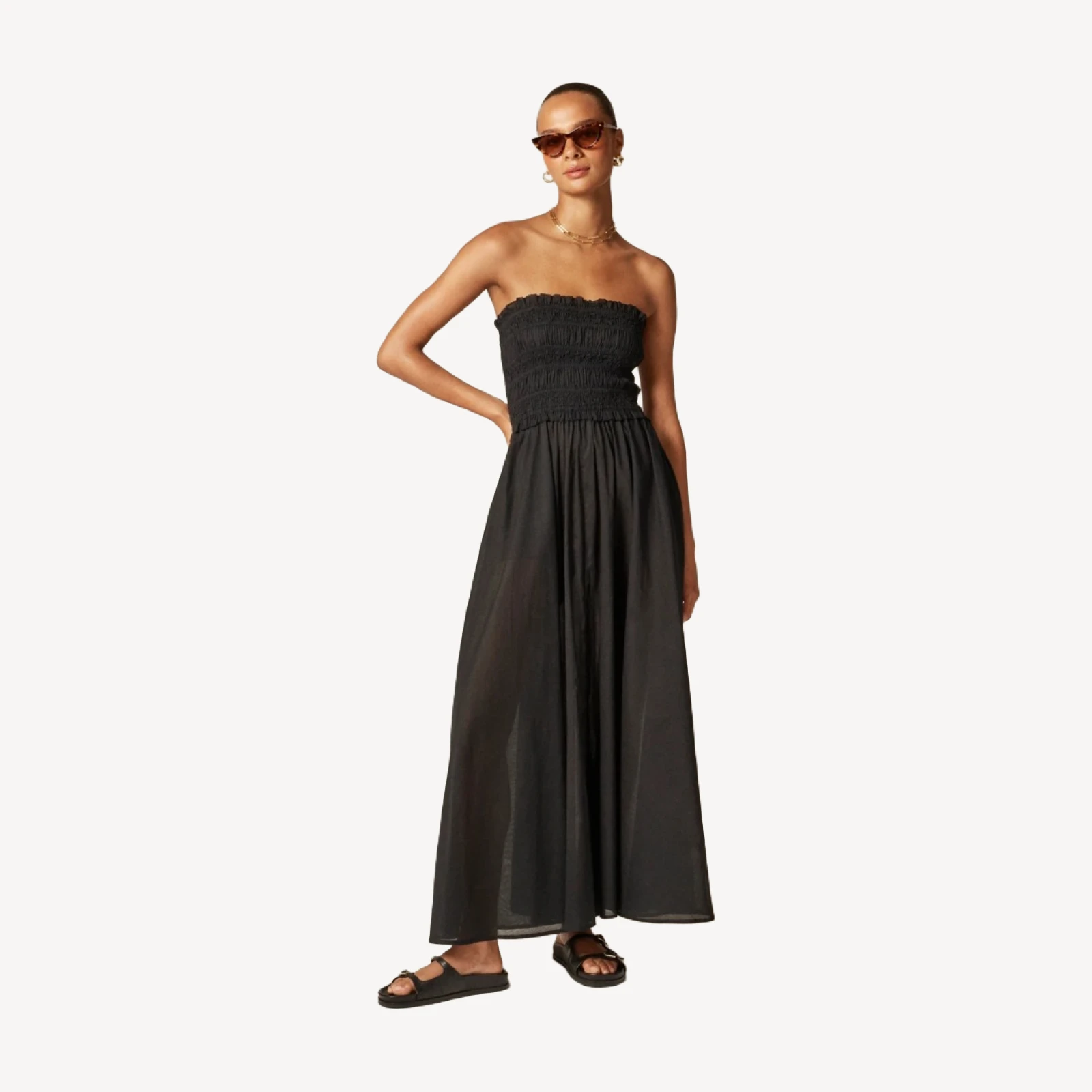 Smocked maxi dress in cotton voile