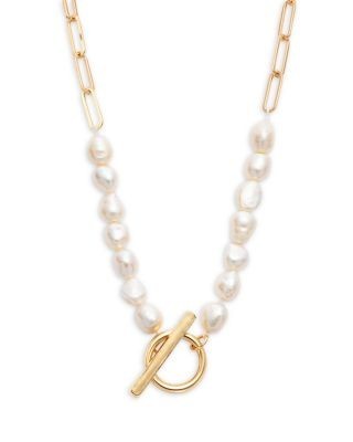 Aqua Imitation Pearl Paperclip Link Toggle Necklace, 15 - Exclusive