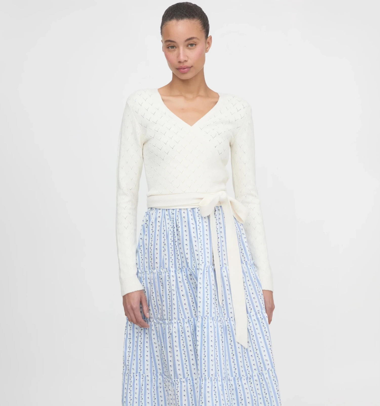 The Deirdre Wrap Sweater - Ivory Pointelle