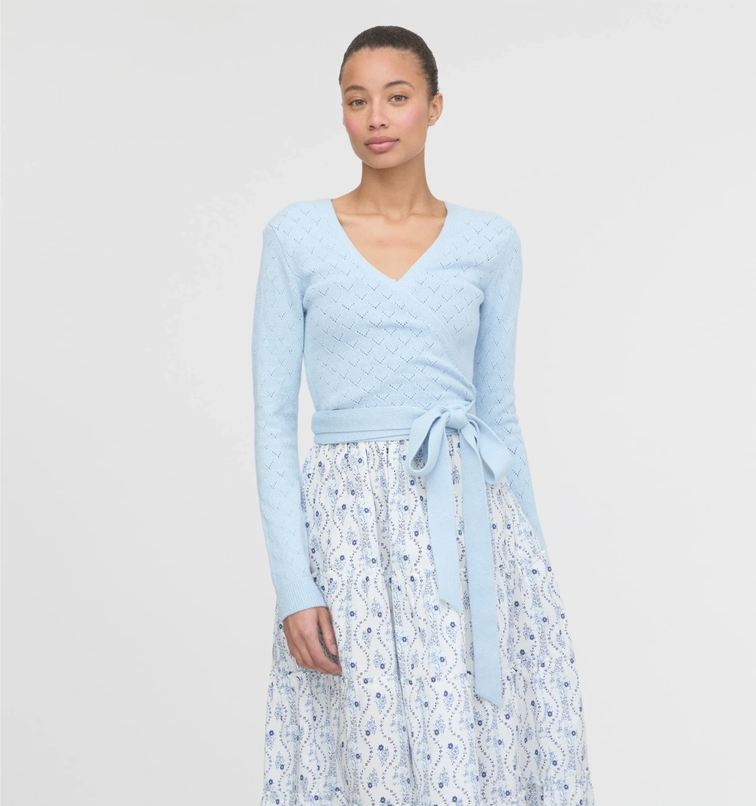 The Deirdre Wrap Sweater - Light Blue Pointelle