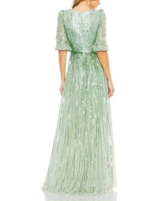 Mac Duggal Sequined Wrap Over 3/4 Sleeve Gown