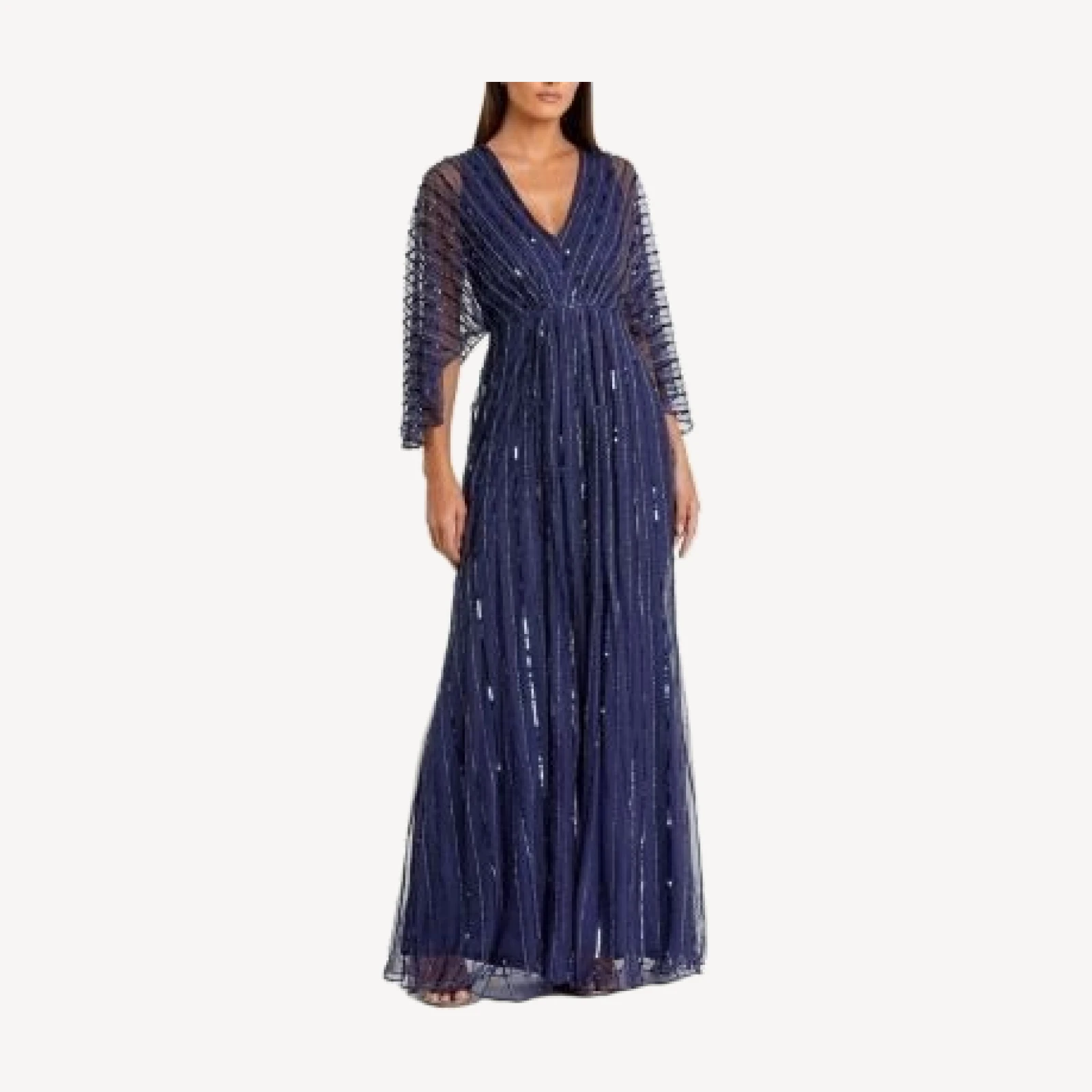 Mac Duggal Beaded Striping Kimono Sleeve V Neck Gown