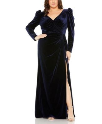 Mac Duggal Plus Velvet Long Sleeve Ruched Detail Thigh High Slit Gown