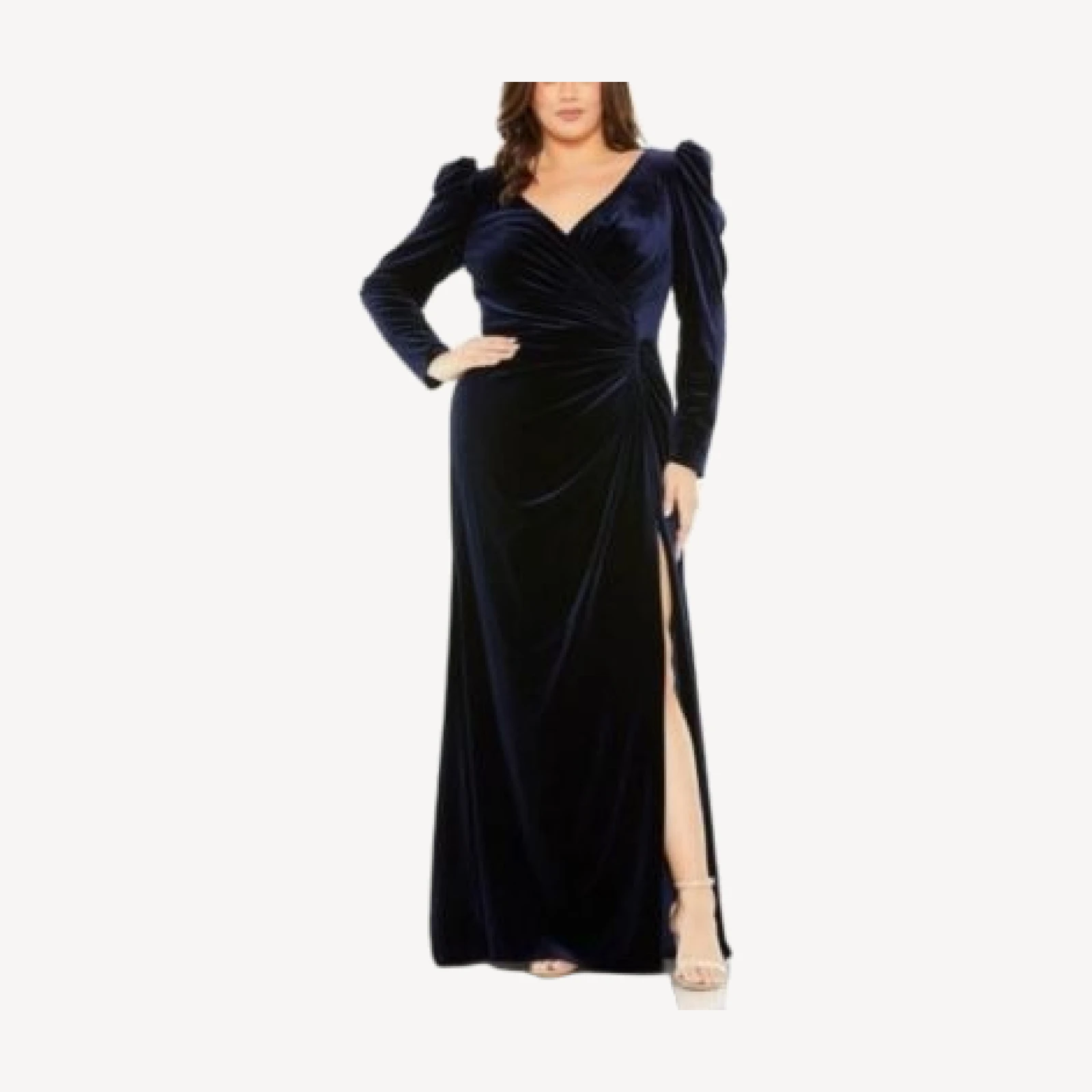Mac Duggal Plus Velvet Long Sleeve Ruched Detail Thigh High Slit Gown