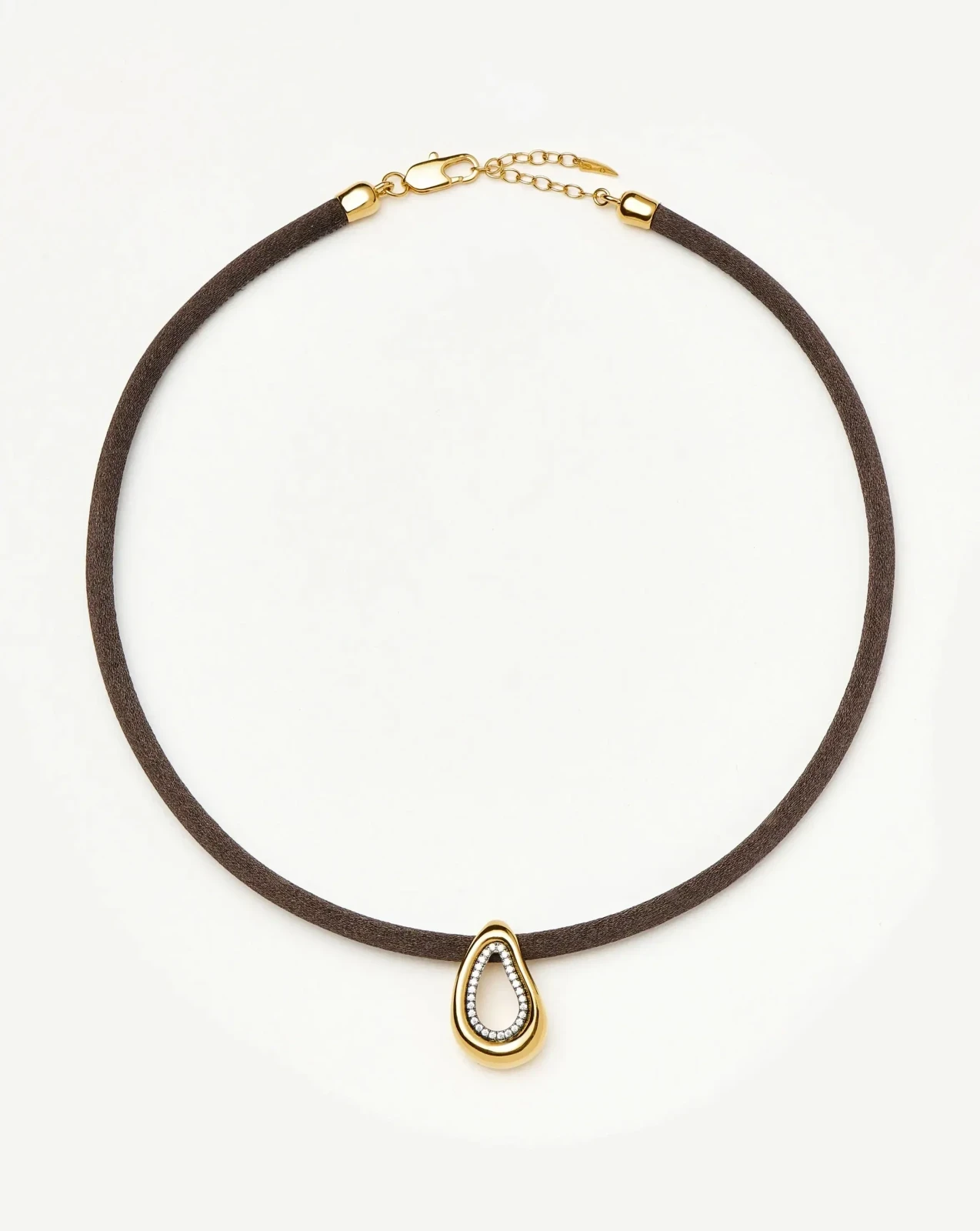 Molten Teardrop Brown Satin Cord Necklace | 18ct Gold Plated/Cubic Zirconia