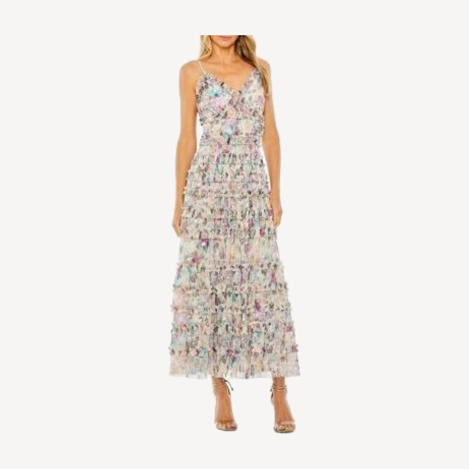 Mac Duggal Sleeveless Floral V-Neck Sequin Detail Ruffle Dress