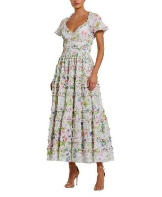Mac Duggal Cap Sleeve V Neck Open Back Floral Cotton Dress
