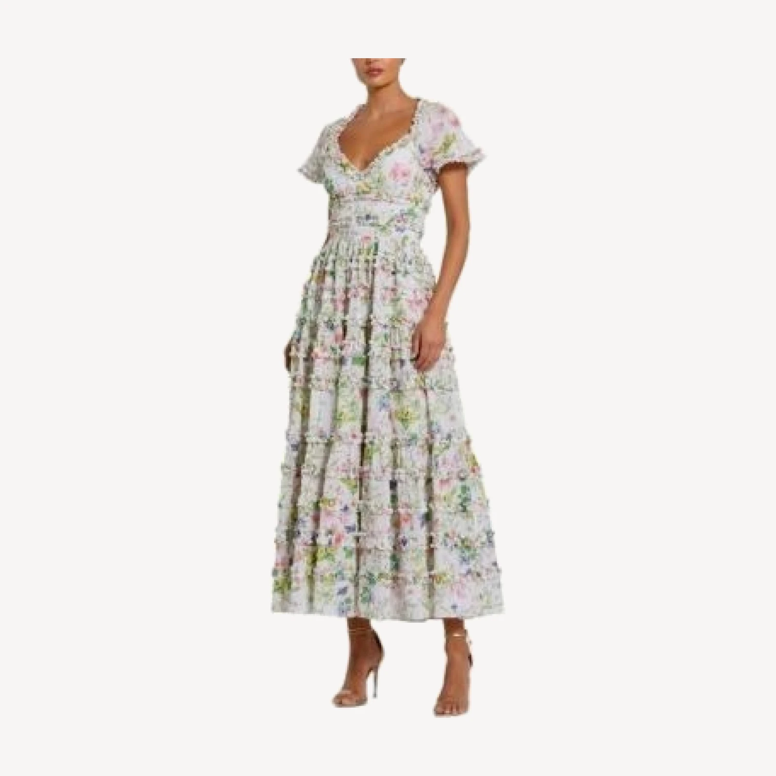 Mac Duggal Cap Sleeve V Neck Open Back Floral Cotton Dress