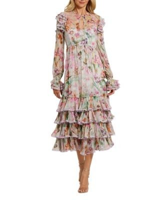 Mac Duggal Long Sleeve Tie Neck Ruffle Detail Floral Dress