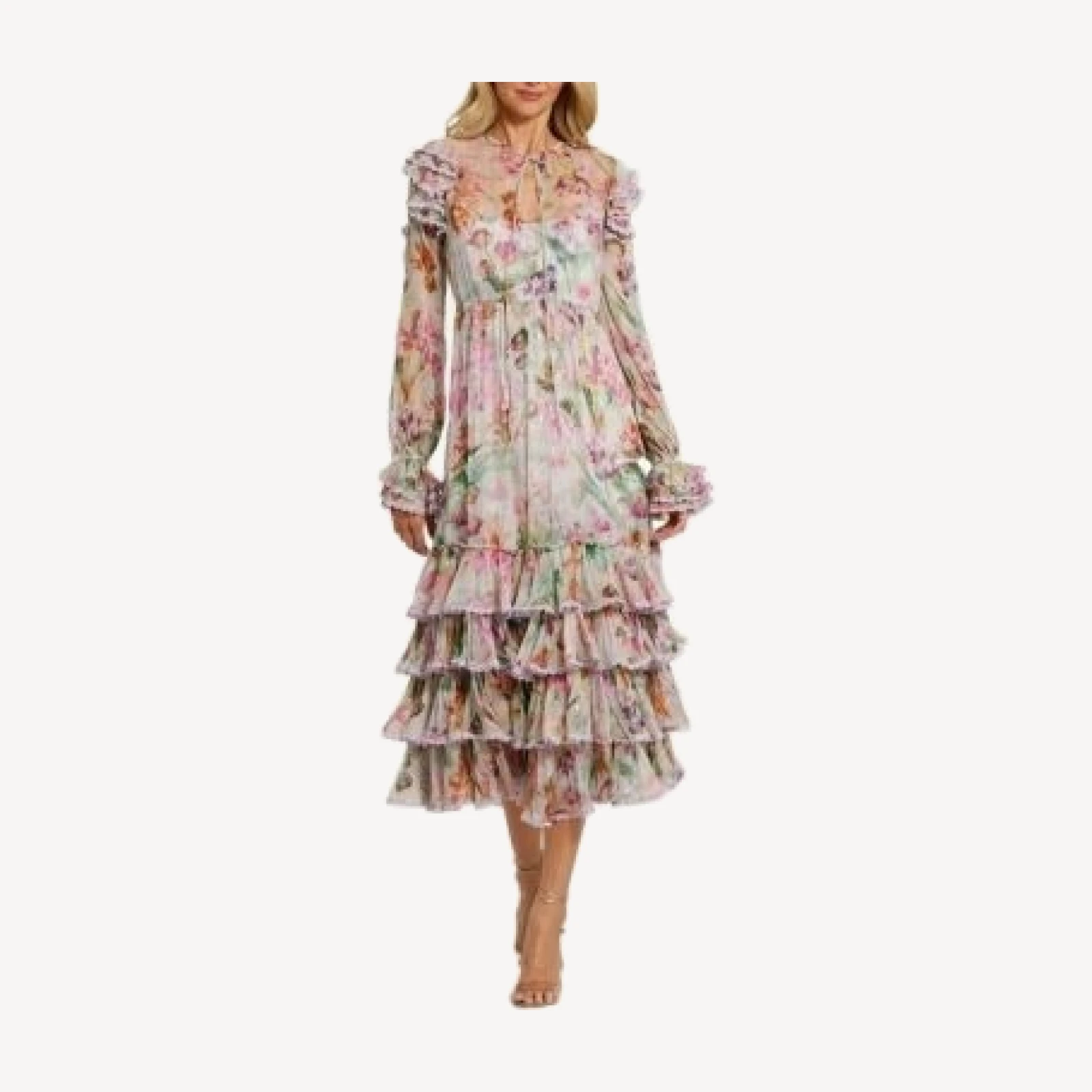 Mac Duggal Long Sleeve Tie Neck Ruffle Detail Floral Dress