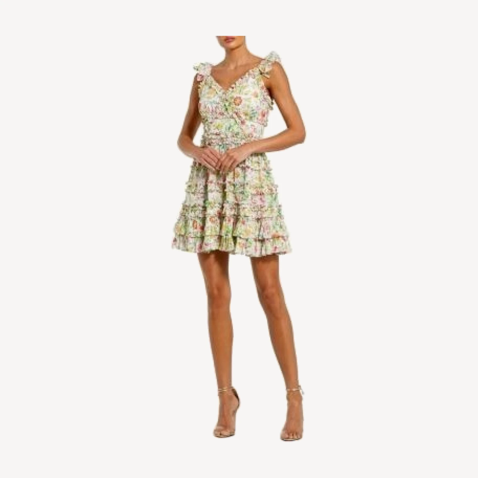 Mac Duggal Floral Printed Ruffled Tiered Sleeveless Mini Dress