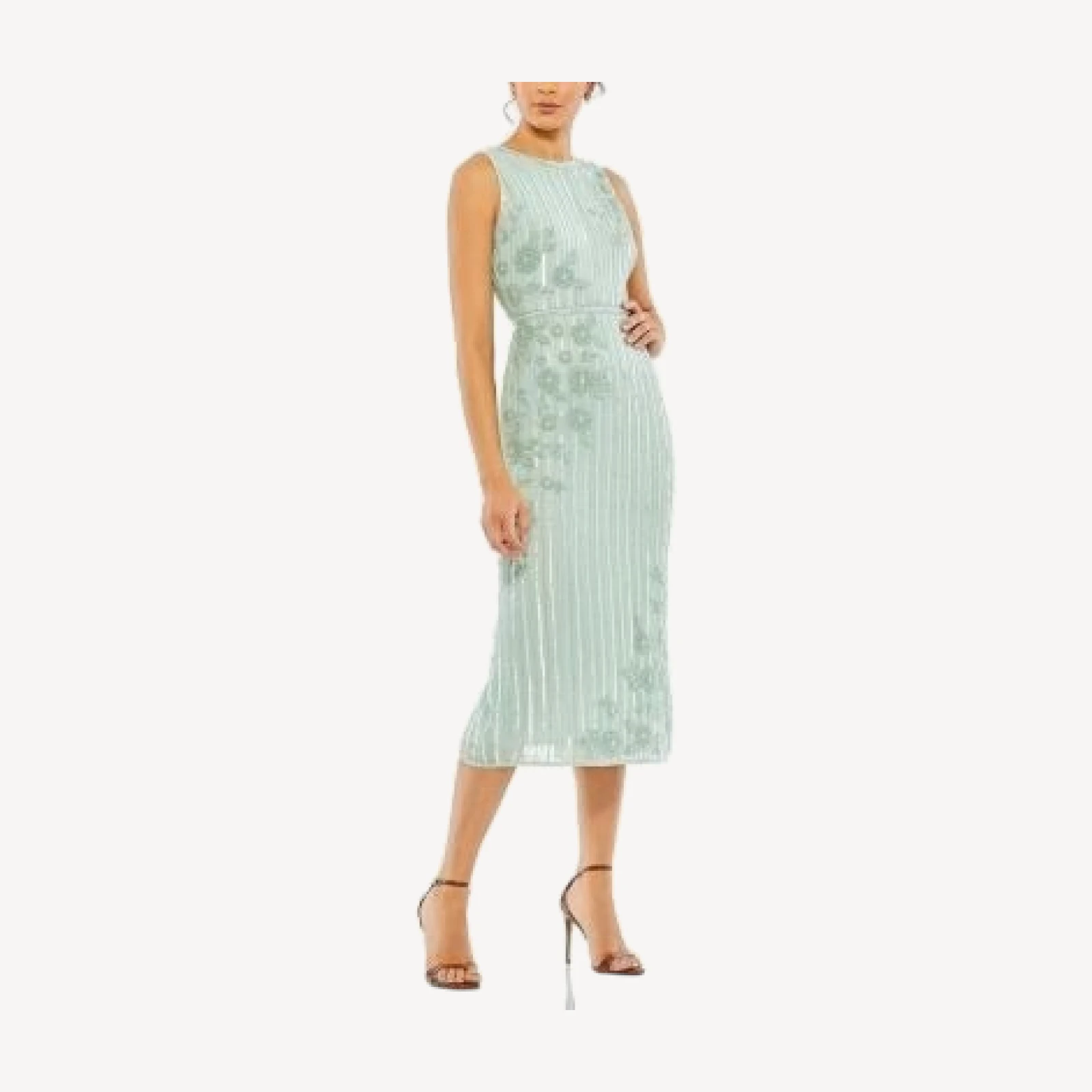 Mac Duggal Striped Floral Embellished Sleeveless Midi Dress