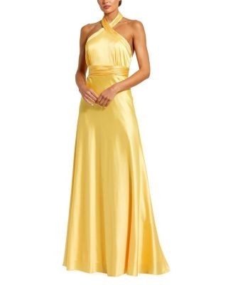 Mac Duggal Ruched Halter Neck Tie Back Satin Gown