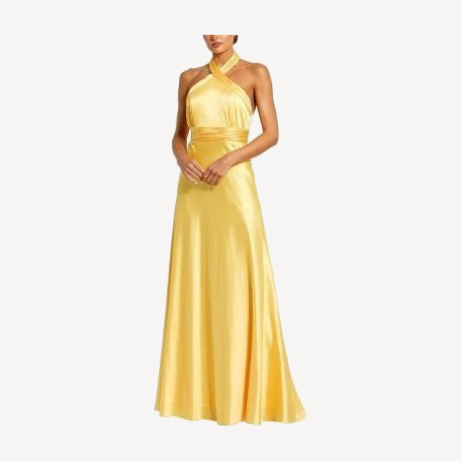 Mac Duggal Ruched Halter Neck Tie Back Satin Gown